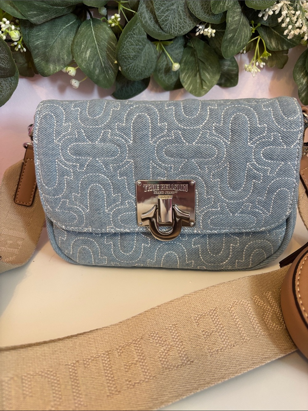 True Religion Denim Crossbody Bag with Beige Strap and coin purse